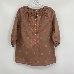 Pink Chicken Peasant Blouse Embroidered Boho Top Mocha Brown Pink Size XS